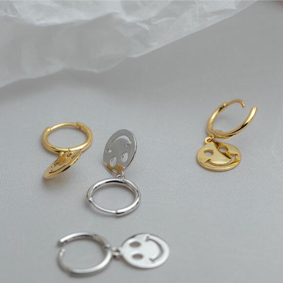 Smiley Face Hoop Earrings, 925 Sterling Silver Gold Plated Earrings, - Picture 4 of 7